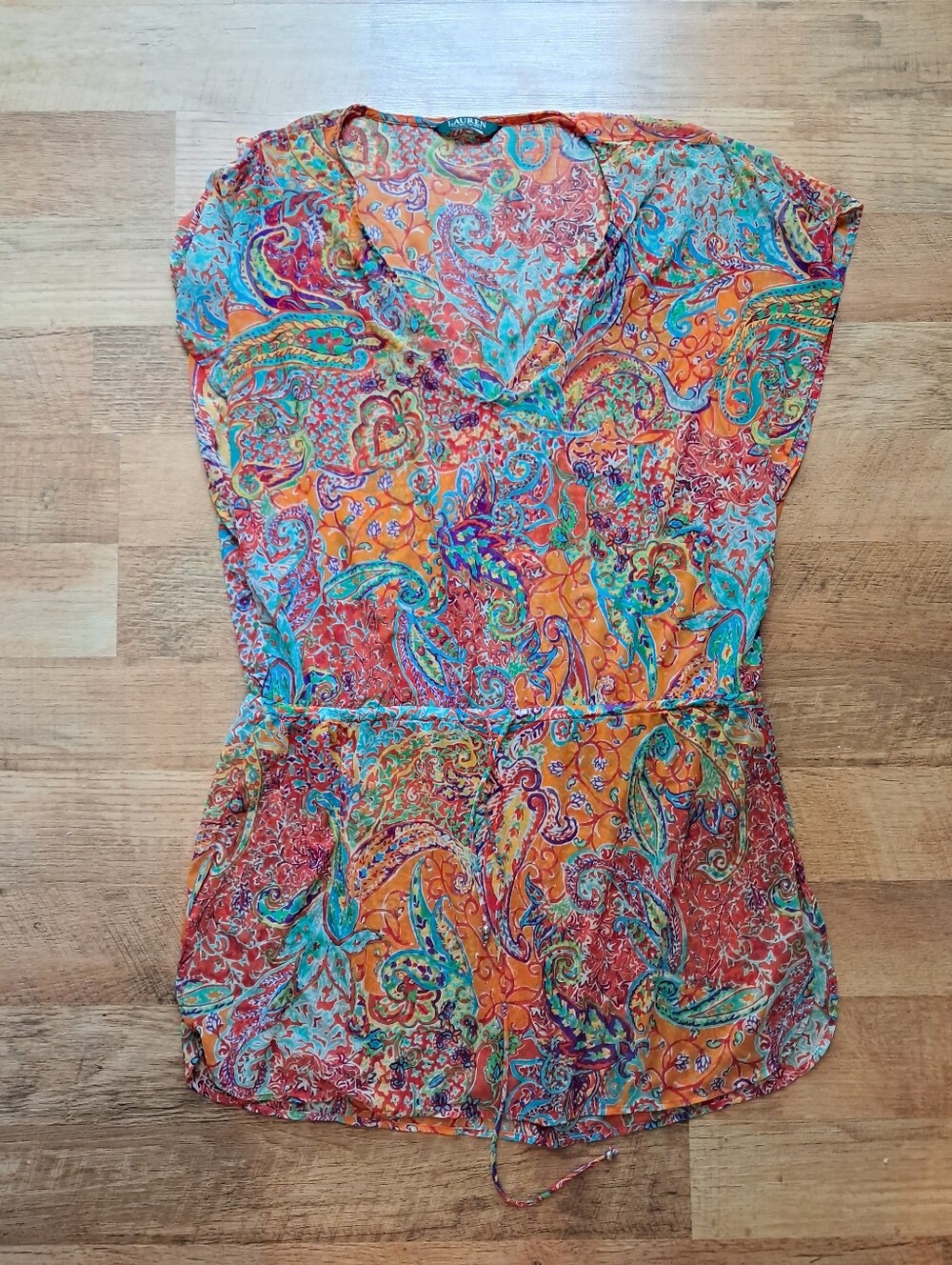 Ralph Lauren Orange Paisley V-Neck Tie-Waist Mesh Swim Cover Tunic